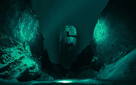 HD desktop wallpaper representing Tom Clancy's Rainbow Six: Siege, featuring the game's logo illuminated in green light between rocky, snow-covered cliffs.
