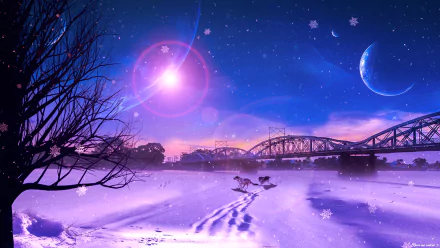 An artistic HD wallpaper depicting a snowy winter scene with a bridge under a blue sky and planets. Wolves traverse the snow-covered ground, with snowfall and snowflakes adding to the serene atmosphere.
