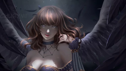 HD anime desktop wallpaper of an original angel character with short brown hair, brown eyes, and large dark wings against a shadowy background.