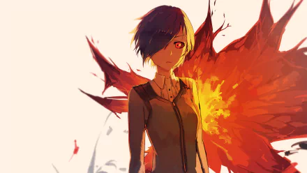HD desktop wallpaper of Touka Kirishima from Tokyo Ghoul, featuring the character with a dramatic fiery background, highlighting her intense expression and red eyes. 
