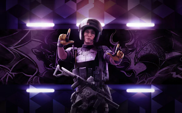 4K Ultra HD desktop wallpaper featuring Mira from Tom Clancy's Rainbow Six: Siege, set against a dark, purple-toned background with neon lighting.