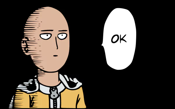 HD desktop wallpaper of Saitama from One-Punch Man, the anime character expressing with a speech bubble saying OK.