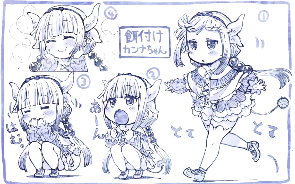 HD desktop wallpaper featuring blue sketch illustrations of Kanna Kamui from Miss Kobayashi's Dragon Maid. Kanna has twintails, long hair, a headband with horns, and blushes in various adorable poses.