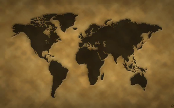 Vintage-style world map in dark brown tones on a textured parchment background, designed as a 4K Ultra HD PC desktop wallpaper and background.