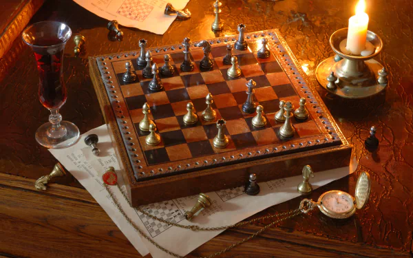 HD desktop wallpaper featuring a still life of a chessboard, vintage pocket watch, and lit candle arranged on a wooden table with scattered chess pieces and sheet music.