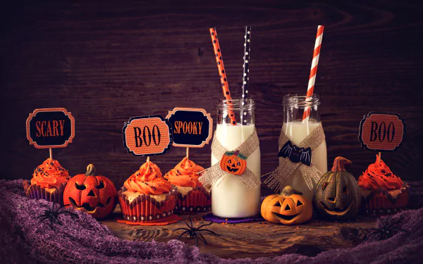 Halloween-themed still life featuring pumpkin cupcakes with festive toppers, two jars of milk with straws, and carved pumpkins on a rustic wooden surface, 4K Ultra HD.