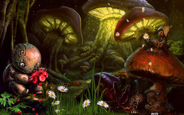A high-definition desktop wallpaper featuring a fantastical forest scene with glowing mushrooms, miniature flowers, and whimsical creatures, creating a magical atmosphere.