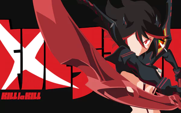 HD desktop wallpaper featuring minimalist anime art of Ryūko Matoi from Kill La Kill against a bold red and black background.