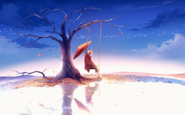 Anime Original Umbrella Tree Sky Reflection Swing HD Wallpaper | Background Image