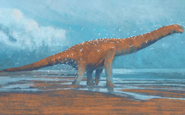 HD desktop wallpaper painting of a large dinosaur with a long neck surrounded by a flock of birds, standing in a water-covered landscape with a cloudy sky.
