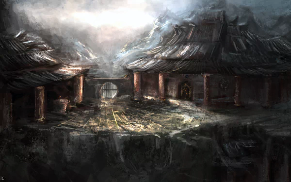 HD fantasy desktop wallpaper featuring a mysterious mountain temple with weathered buildings and a large gate under a moody, cloudy sky.