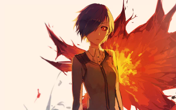 HD desktop wallpaper of Touka Kirishima from Tokyo Ghoul, featuring the character with a dramatic fiery background, highlighting her intense expression and red eyes. 
