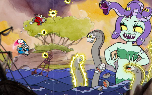 HD desktop wallpaper and background featuring Mugman and Cala Maria from the video game Cuphead in a vibrant, action-packed scene.