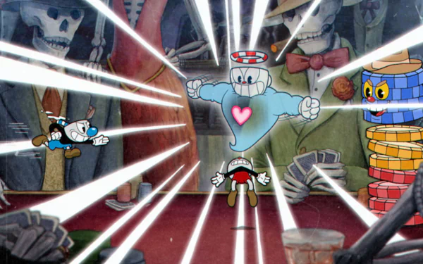 HD wallpaper featuring Cuphead, Mugman, and Chips Bettigan from the video game Cuphead, immersing in a vibrant and intense action scene with dynamic light rays and vibrant colors.
