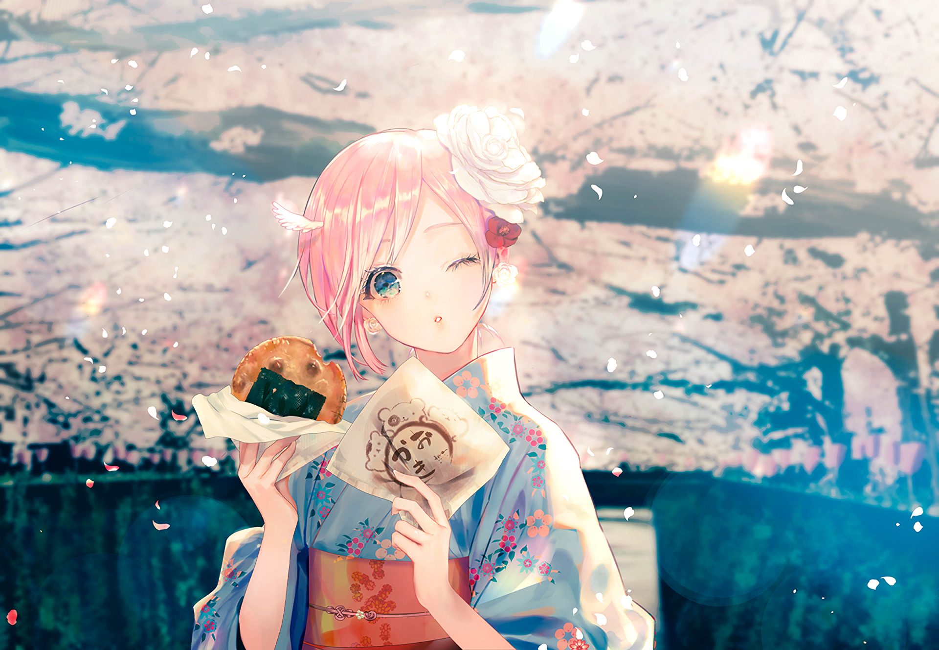 Anime girl with pink hair and a kimono, winking amid a backdrop of spring blossoms and petals, holding traditional treats. HD wallpaper.