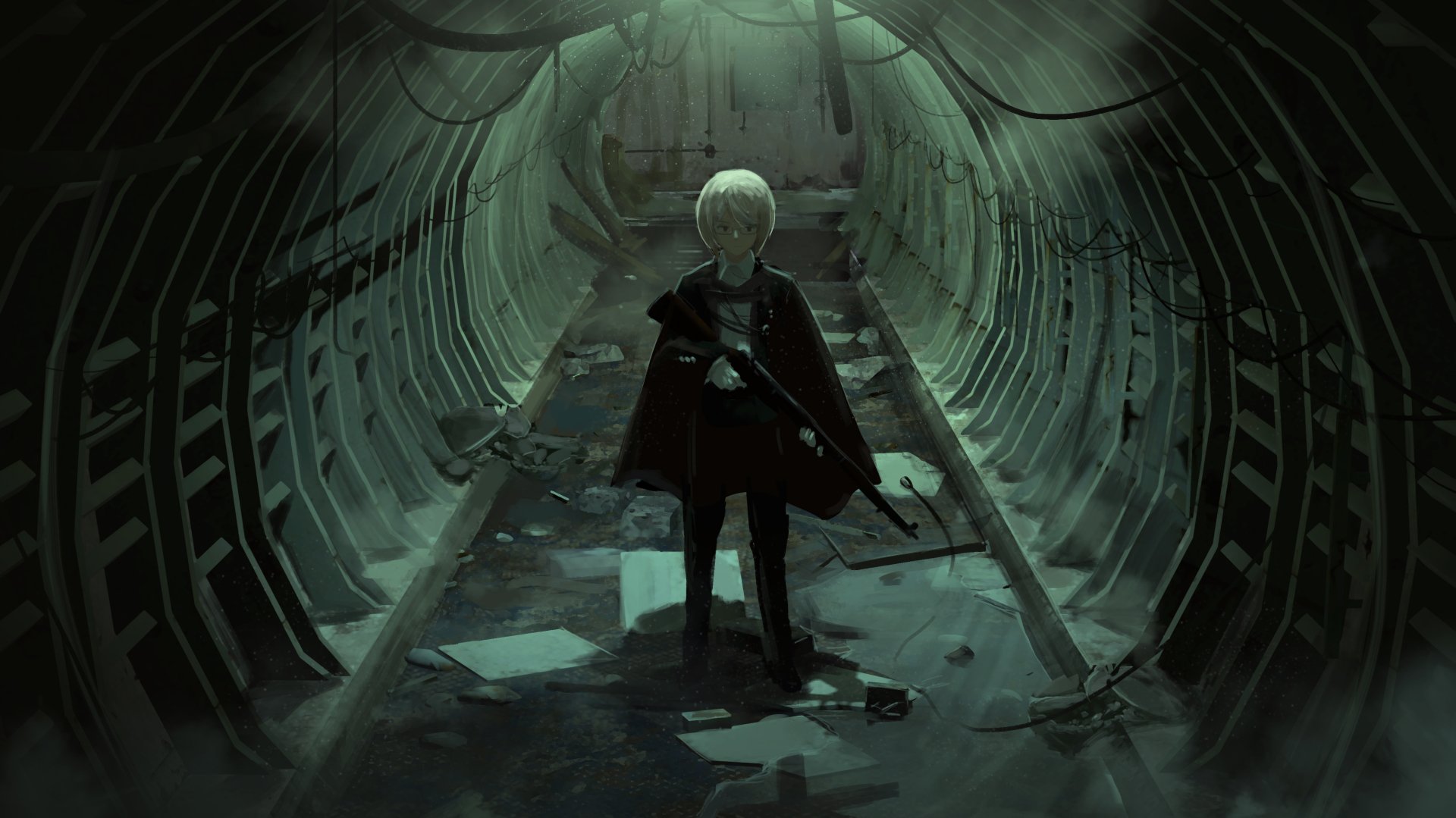 HD anime wallpaper depicting an original character in glasses and a cape standing in a dimly lit tunnel, holding a gun. The scene has a dark and mysterious atmosphere.