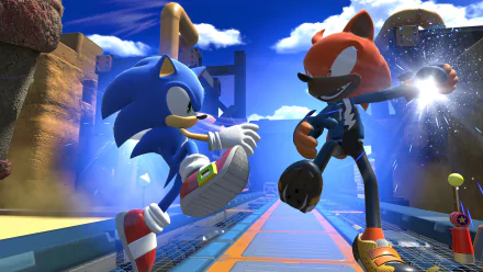 4K Ultra HD PC wallpaper featuring Sonic the Hedgehog and an Avatar character from the video game Sonic Forces in a dynamic action pose on a futuristic bridge.