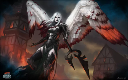 HD PC wallpaper featuring Avacyn, the white-haired angel warrior from Magic: The Gathering, with large blood-stained wings and dark armor in a medieval village setting.