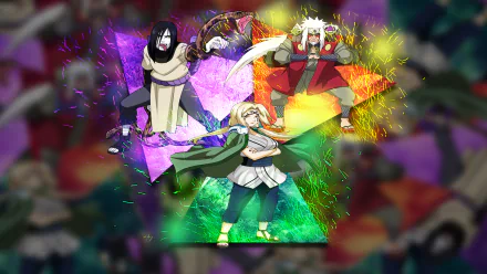 HD wallpaper featuring Orochimaru, Tsunade, and Jiraiya from Naruto. The vibrant background and dynamic composition highlight these iconic anime characters in action.