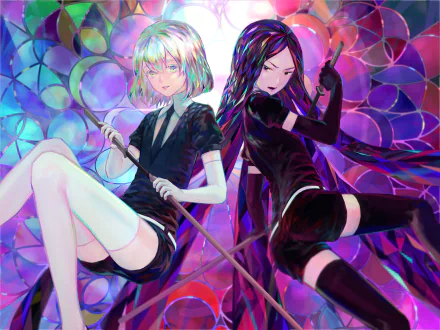 HD wallpaper featuring Diamond from the anime Land of the Lustrous. Two characters pose against a vibrant, gem-like background, creating a colorful and dynamic desktop background.