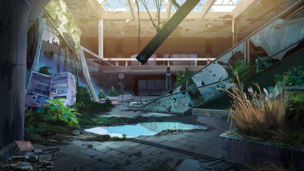 A beautifully crafted anime scene featuring an abandoned building with a ruined escalator, overgrown plants, and a pool of water, creating a captivating HD desktop wallpaper and background.