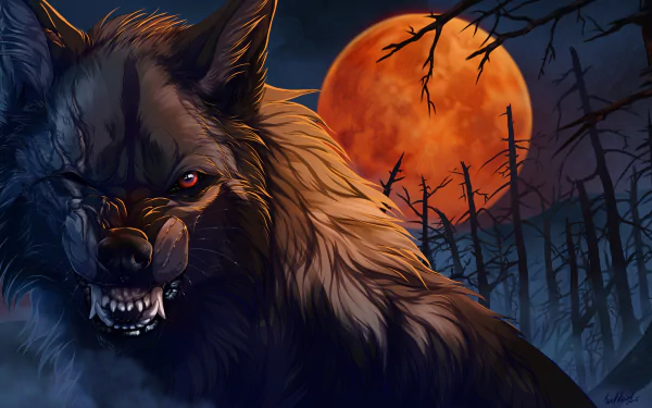 HD desktop wallpaper showing a menacing werewolf with sharp fangs and glowing eyes against a dark, eerie night sky with a large, red moon and silhouetted barren trees in the background.
