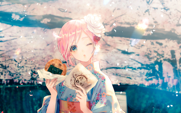 Anime Girl Flower Kimono Petal Pink Hair Short Hair Wink Blossom Spring HD Wallpaper | Background Image