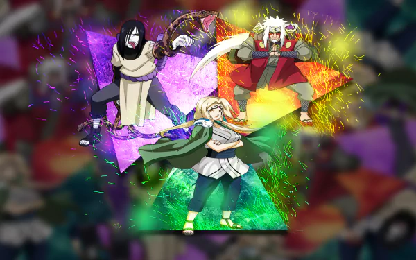 HD wallpaper featuring Orochimaru, Tsunade, and Jiraiya from Naruto. The vibrant background and dynamic composition highlight these iconic anime characters in action.