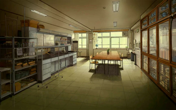 A HD anime desktop wallpaper featuring a bright and spacious room from the series Hyouka, with large windows, wooden tables, and shelves, creating a serene, well-lit atmosphere.