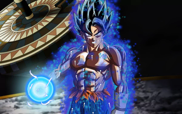 HD desktop wallpaper featuring a powerful character from Dragon Ball Super, surrounded by a blue aura and holding a glowing energy sphere. A detailed background adds to the dynamic anime scene.