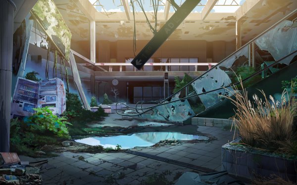 Anime Original Abandoned Building Water Ruin Escalator HD Wallpaper | Background Image