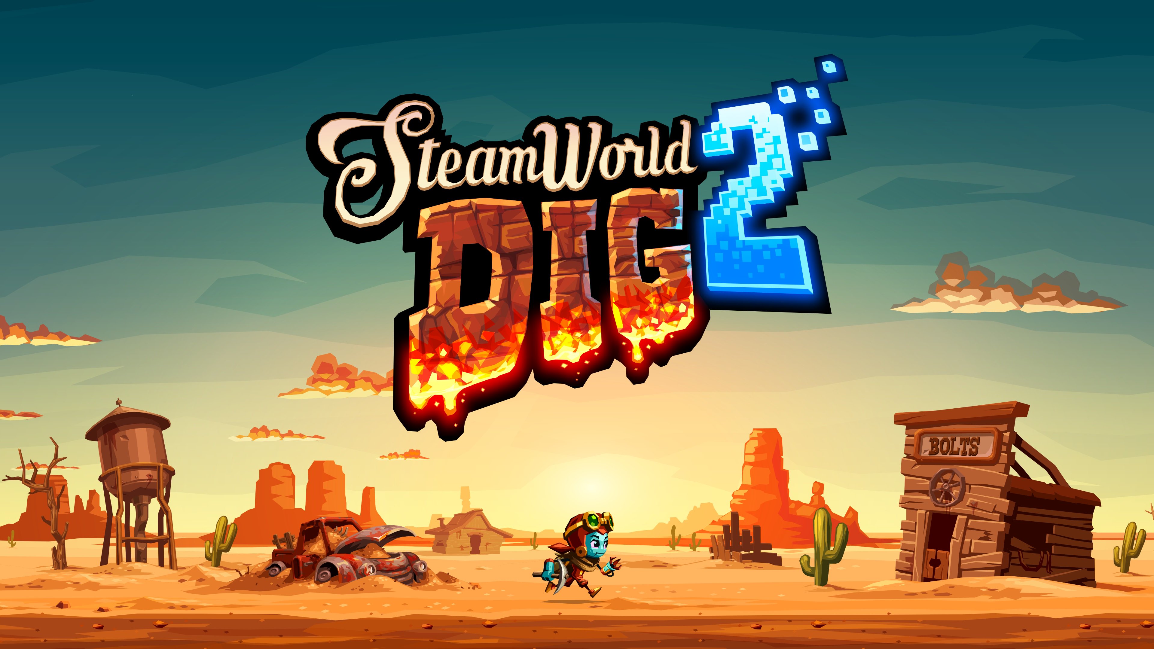 HD desktop wallpaper of SteamWorld Dig 2 featuring game logo and character in a desert landscape.