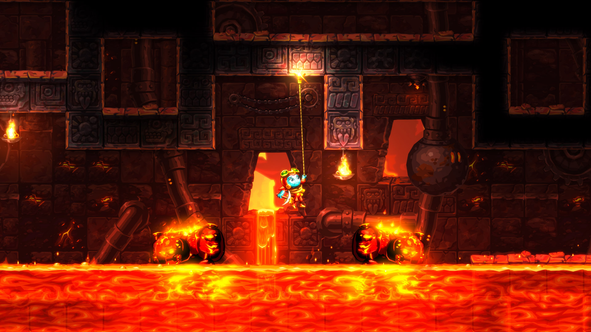HD desktop wallpaper from SteamWorld Dig 2 featuring a character navigating through an underground lava-filled scene with ancient wall carvings.