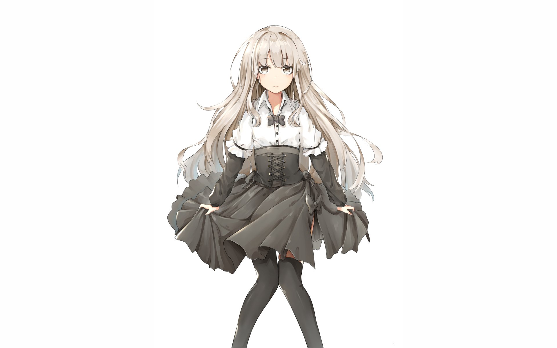 Anime-style original character with long white hair wearing a dress and thigh highs, designed as an HD PC desktop wallpaper and background.