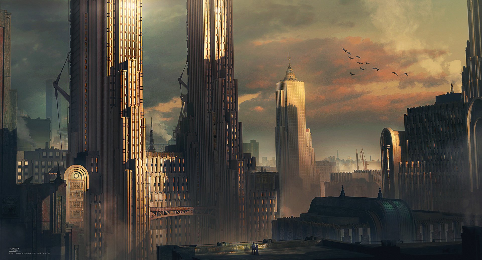 HD PC desktop wallpaper/background: sci‑fi city with towering skyscraper buildings piercing a misty dusk, distant spires and birds under an orange, cinematic skyline