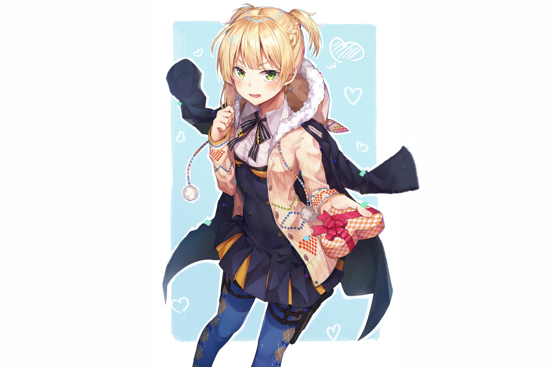 HD PC desktop wallpaper of Welrod MK II (Girls Frontline), a character from the video game Girls Frontline: blonde anime girl in coat and skirt, holding a gift against a light-blue heart-patterned background.