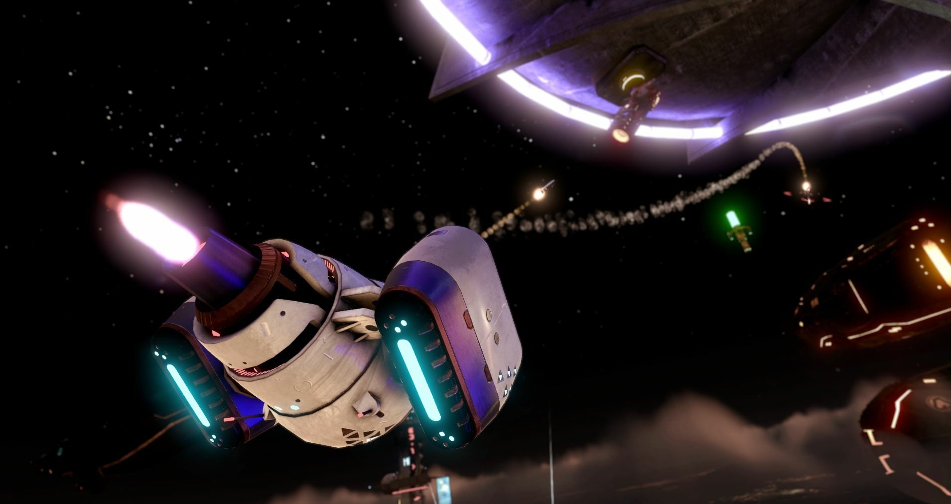 HD wallpaper featuring Space Pirate Trainer gameplay with robot drones and a vibrant cosmic backdrop.