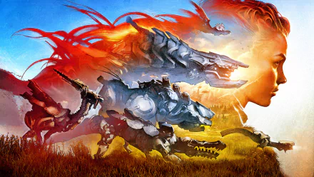 HD desktop wallpaper featuring Aloy from the Horizon Zero Dawn video game series, depicted with vibrant colors in a dynamic battle scene.