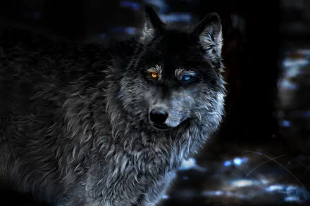 A dark fantasy-themed HD wallpaper of a wolf with striking heterochromia, featuring one amber eye and one blue eye, set against a shadowy forest background.