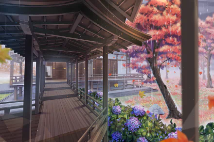 Anime-style HD desktop wallpaper featuring a serene scene with a building surrounded by trees, hydrangea flowers, and light rain.