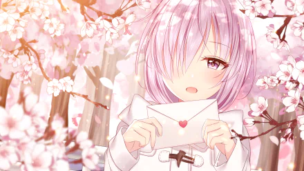 HD desktop wallpaper featuring Mashu Kyrielight from Fate/Grand Order, surrounded by blooming cherry blossoms, holding an envelope sealed with a heart.