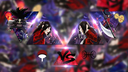 HD PC desktop wallpaper featuring Madara Uchiha from the Naruto anime, showcasing an intense battle scene with vibrant colors and iconic symbols.