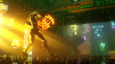 HD PC desktop wallpaper featuring VI, a champion from the video game League of Legends, standing in a neon-lit futuristic cityscape during rainfall.