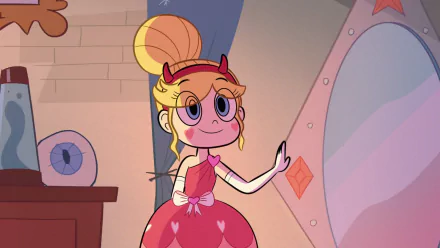HD PC desktop wallpaper and background featuring Star Butterfly from the TV show Star vs. the Forces of Evil, smiling in a pink dress inside a whimsical room.
