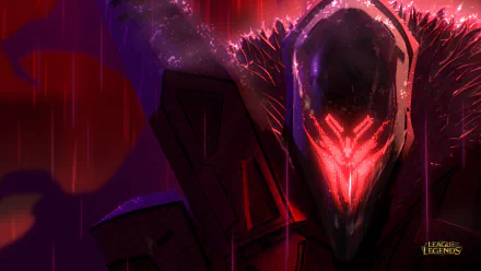 HD desktop wallpaper featuring Jhin from the video game League of Legends, showcasing his dark and mysterious persona with a dramatic red and purple color scheme.