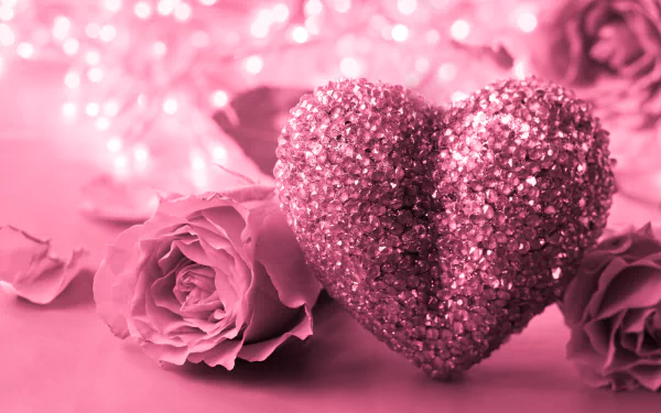 HD desktop wallpaper featuring a romantic close-up of a glittery heart amidst pink roses, embodying love and artistic beauty. The pink tones and sparkles enhance the enchanting atmosphere.