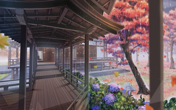 Anime Original Tree Rain Building Flower Hydrangea HD Wallpaper | Background Image
