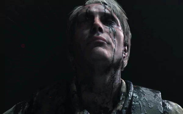 HD desktop wallpaper of Death Stranding video game featuring a close-up of a character with a solemn expression, clad in dark, intricate attire, with water running down their face.