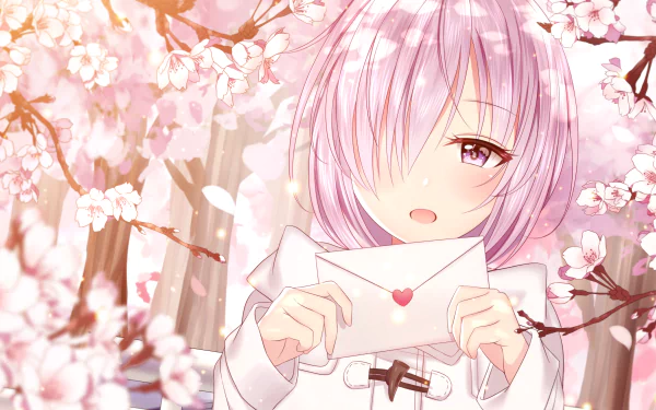 HD desktop wallpaper featuring Mashu Kyrielight from Fate/Grand Order, surrounded by blooming cherry blossoms, holding an envelope sealed with a heart.