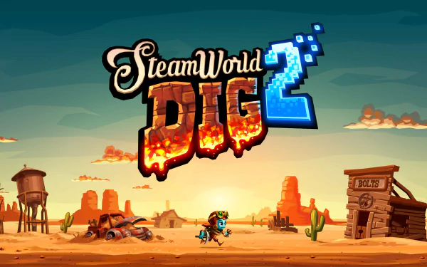 HD desktop wallpaper of SteamWorld Dig 2 featuring game logo and character in a desert landscape.